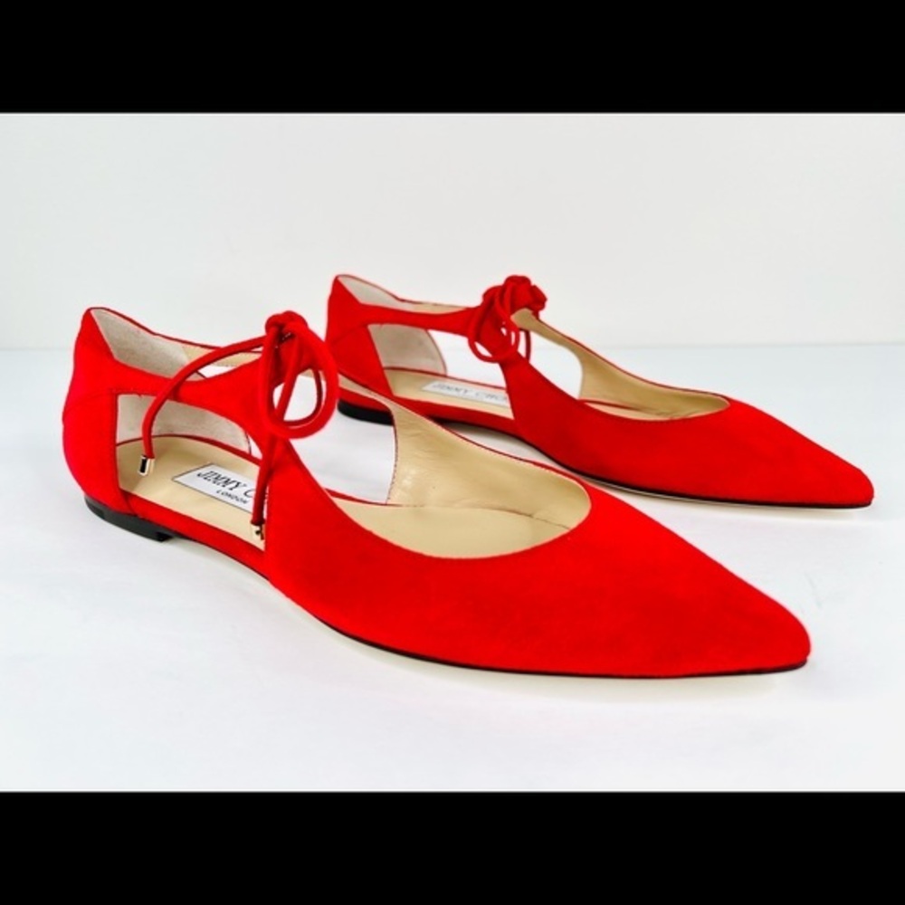 Jimmy Choo Vanessa Flat Red Suede Strap Lace Pointed Toe Ballet Flats Size 36.5